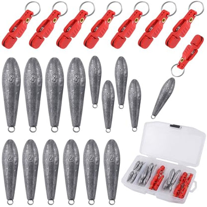 19/21/42 Piece Snap Weight Kit Trolling System Include Trolling Weights Red Clips Bullet/Fish Shape Fishing Weights for Walleye Saltwater Freshwater Fishing