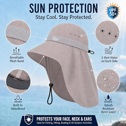 Palmyth Fishing Hat UPF 50+ Sun Protection Neck Flap Hat for Men and Women | Cooling Neck Flap, Water Resistant, Wide Brim, Detachable Chin Strap, Breathable Mesh, Sweatband, Adjustable Buckle, Packable - color: Sand