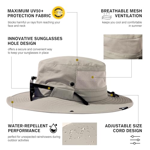 TOP-EX UVCoolix™ UV Protection Mens Sun Hat with Cooling Neck Flap Sunglass Lock Wide Brim Fishing Hats - color: Light Grey, size: Medium-Large