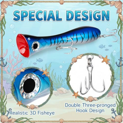 8-Inch Tuna Popper with Treble Hooks,4 Pcs Popper Saltwater Fishing Lures, Large Topwater 3D Eyes Surf Fishing Lure for Striper Barracuda Mackerel Snapper Bluefish Pencil Plugs Offshore
