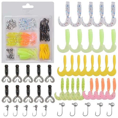 Soft Plastic Fishing Lures Grub Lures Jig Head Hooks Kit Crappie Jigs Grub Tail Worm Lure Tube Baits for Bass Trout Crappie Panfish Saltwater Freshwater Fishing - color: 48pcs Kit
