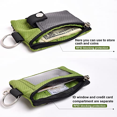 CHENSPRX Minimalist RFID Blocking Small Wallet with ID Window,WaterResistant Zip Id Case Wallet with Lanyard Keychain for Cards,Cash,Travel,Women,Men - color: DarkGrey+OliveGreen