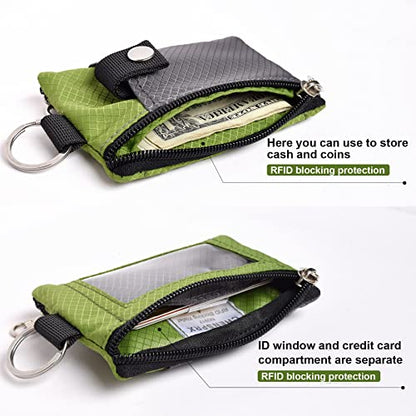 CHENSPRX Minimalist RFID Blocking Small Wallet with ID Window,WaterResistant Zip Id Case Wallet with Lanyard Keychain for Cards,Cash,Travel,Women,Men - color: DarkGrey+OliveGreen