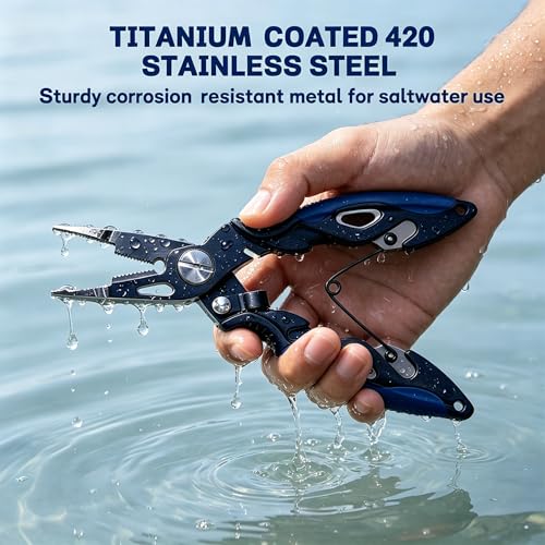 7.5" 420 Stainless Steel Fishing Pliers - Uni-Body Construction, Lightweight Corrosion-Resistant Fishing Tool with Multi-Function Jaws, Braid Cutters, Sheath, Lanyard & Carabiner (blue) - color: Blue