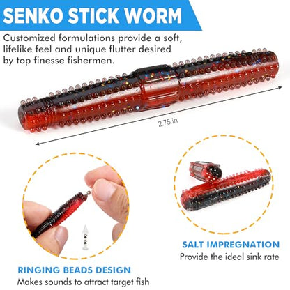 PLUSINNO Wacky Worm Fishing Lure Kit, Soft Plastic Fishing Lures, Grub Baits Hook Wacky Rig Bass Trout Fishing Worms Lures w/Tackle Box - color: 44PCS Stick Worms Ned Rig Kit