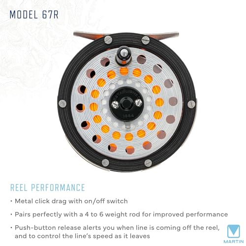 Martin Model 67R Fly Fishing Reel, Single Action, Metal Click Drag, Aluminum Construction, Line Guides, 6-Weight Floating Fly Line, Interchangeable Retrieve, Push-Button Release, Brown/Silver