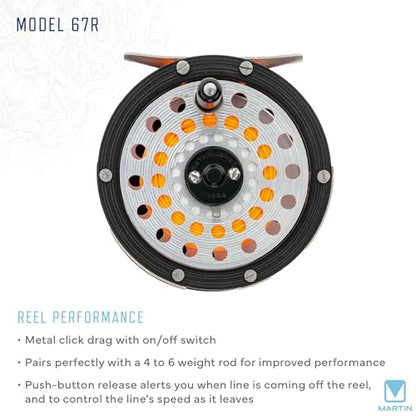 Martin Model 67R Fly Fishing Reel, Single Action, Metal Click Drag, Aluminum Construction, Line Guides, 6-Weight Floating Fly Line, Interchangeable Retrieve, Push-Button Release, Brown/Silver