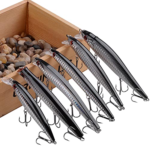 Saltwater Fishing Lures Kit, 6pcs Surf Fishing Sriper Lures Minnow Lures Deep Diving Jerkbait Crankbait Popper Plugs Hard Baits with Treble Hooks for Inshore Offshore Ocean Deep Sea Fishing