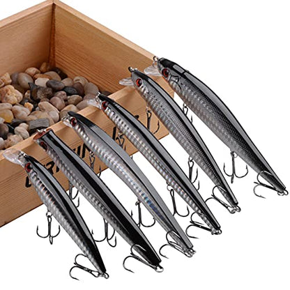 Saltwater Fishing Lures Kit, 6pcs Surf Fishing Sriper Lures Minnow Lures Deep Diving Jerkbait Crankbait Popper Plugs Hard Baits with Treble Hooks for Inshore Offshore Ocean Deep Sea Fishing