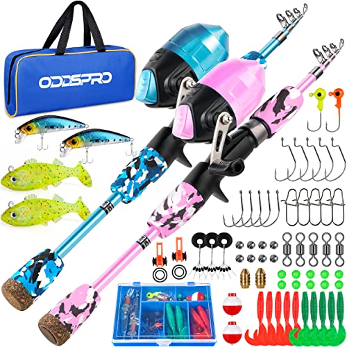 ODDSPRO Kids Fishing Pole - Portable Telescopic Kids Fishing Rod and Reel Combo Kit - with Spincast Fishing Reel Tackle Box for Girls, Youth - color: 2 pack (Blue&Light Pink), size: 4.92 ft