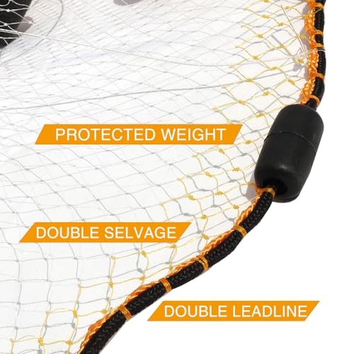 BasicGear Pancake Cast Net – Heavy-Duty 1.0+ lb/ft Weights, 4ft to 12ft Radius, Multiple Mesh Sizes, Pro Grade, Freshwater & Saltwater - size: 6ft Radius, style: 1.00 Lb, 3/8" Sq Mesh