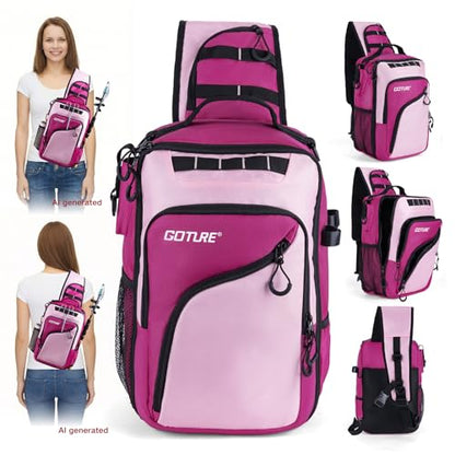 Goture Pink Fishing Tackle Bag, 1680D Water-Resistant Sling Fishing Backpack with Rod Holder, Anti-Slip Waist Strap, Trays not included, Fishing Gifts for Women Girls - color: Pink, style: 1680d Double-strand Pu Backpack (Trays Not Included)