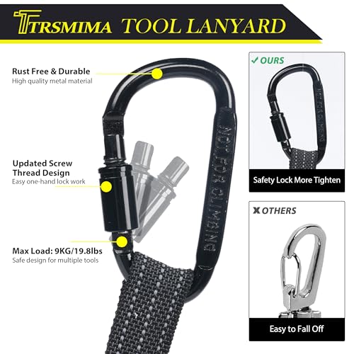 TRSMIMA Safety Tether Lanyard Tool - 2 Pack Fall Protection Retractable Lanyard with Single Aluminum Screw Lock Carabiner Metal Buckle Adjustable Loop End Maximum Weight Limit 9KG - size: 2-pack