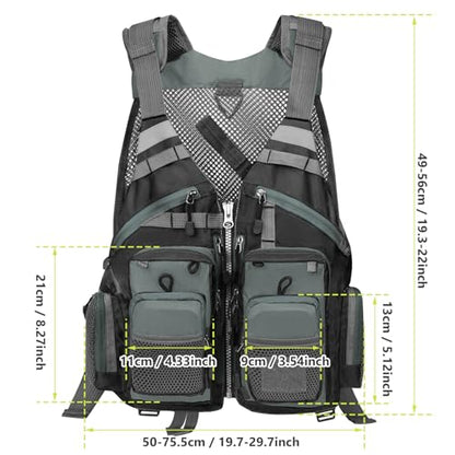 Gonex Fly Fishing Vest for Men Women, Comfortable Adjustable Fishing Vest with Multi-Pockets Reflective Stripes - color: Gray+black