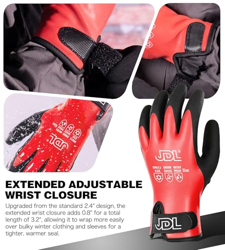JDL 100% Waterproof Winter Work Gloves for Men & Women, Thermal Insulated Freezer Gloves for Cold Weather, Super Grip Palm, Red, Large, Medium