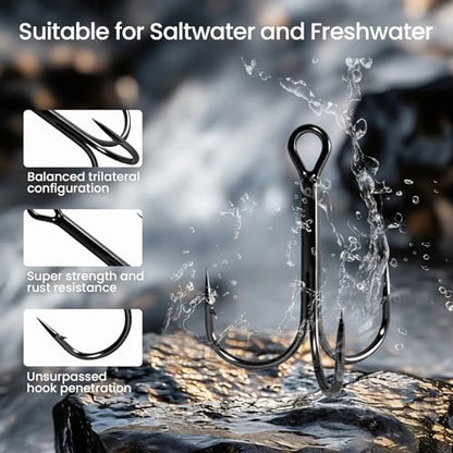 Pristis 3X Strong Fishing Treble Hooks, High Carbon Steel Sharp Barbed Tripple Round Bend Hook Kit Set for Lure Bait, Needle Point for Saltwater Freshwater Bass Trout Tuna Catfish Pike - size: 1/0 - 16 Pack