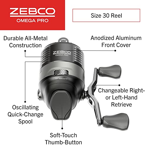 Zebco Omega Pro Spincast Fishing Reel, Dual Ceramic Pick-up Pins, Solid-Brass Pinion Gear, GlideLine ll Line Retrieval System, Pre-Spooled - size: 30 (Clam Pack)