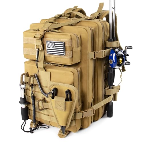 TBNBO 45l Large Fishing Tackle Backpack with Removable Plier Holder & Rod Holders, Khaki Tactical Bag, Fishing Gear and Tackle Box Organizer, Hiking Rucksack without Tackle Box - color: Khaki
