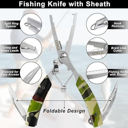 DONQL 4pcs 6in Fishing Pliers Tools Kit, Fishing Pliers Hook Remover, Fishing Scissors Line Cutter, Saltwater Resistant Fishing Gear with Lanyard, Multifunctional Fishing Hook Remover Gifts - color: Camouflage