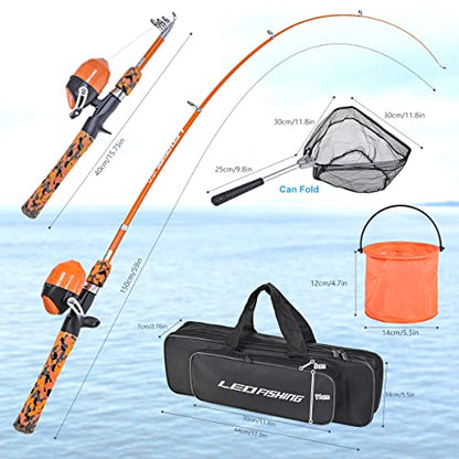 LEOFISHING Kids Fishing Pole Set with Full Starter Kits Portable Telescopic Fishing Rod and Spincast Reel with a Fishing Net and Bucket for Boys Girls and Youth - color: Orange