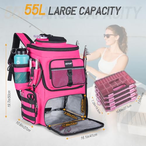 Goture Fishing Backpack with 4 Tackle Boxes, 900D Water-Resistant Tackle Backpack with Rod Holders,Insulated Cooler Compartment, 55L Large Capacity Fishing Gear Storage Bag for Saltwater & Freshwater - color: A3:pink(4 Tackle Boxes Included)
