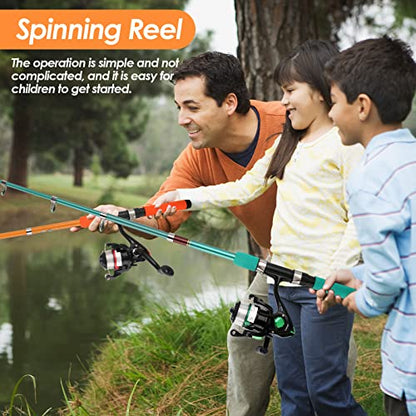 Telescopic Fishing Pole Set with Spinning Reel Lure Hook Storage Bag | Compact Collapsible Rod Reel Combo Travel Fishing Gear Starter Kit for Kids Youth Adults - color: Orange+Green