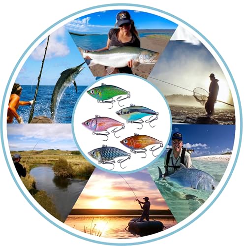 Lipless Crankbait Rattling Fishing Lures – 5 Pack Hard Baits with Steel Balls & Sharp Treble Hooks for Bass, Trout, Walleye, Pike, Redfish, Freshwater & Saltwater, with Box