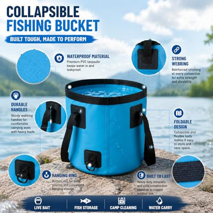 Foldable Fishing Landing Net and 12L Collapsible Water Bucket Set, Portable 2-in-1 Fishing Gear for Anglers, Extendable Anti-Tangle Fish Net with Folding Bucket for Shore, Dock, Boat and Camping