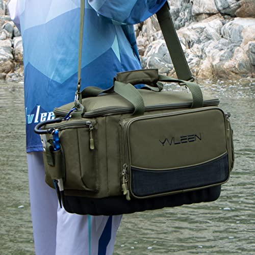 YVLEEN Fishing Tackle Box Bag - Outdoor Large Fishing Tackle Storage Bag - 100% Water-Resistant Polyester Material - Fishing Tackle Bags - Suitable for 3600 3700 Tackle Box (Army Green) - color: Army Green（Not included Trays）