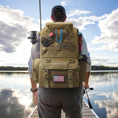 Piscifun 52L Fishing Tackle Backpack with Rod Holders & 4 Tackle Boxes, Large Tackle Bag for Gear Storage with Rain Cover - color: Khaki
