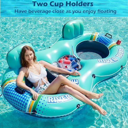 Jasonwell Heavy Duty 2 Person Inflatable River/Pool Tube Float with Removable Cooler, Tubes for Lake, Floating River Raft Lounge Floatie with 2 cup Holders For Adults, Cyan - style: DoubleTube-Cyan