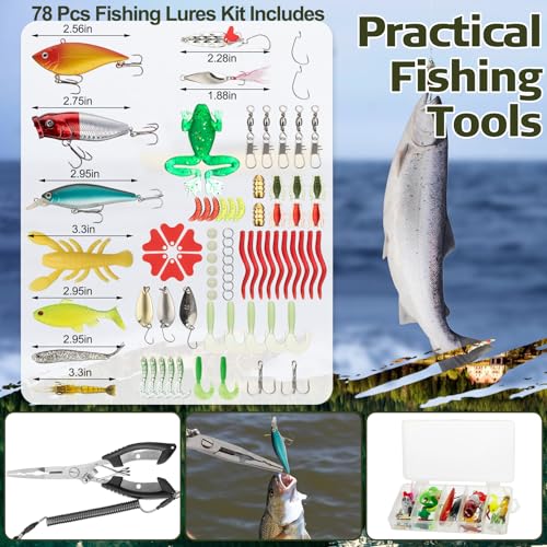 RoundFunny 85 Pcs Fishing Backpack with Tackle Boxes, Tackle Sling Bag with Rod Holder, Fish Lures and Pliers, Fish Tools Gears & Equipment Father's Day Fishing Gift for Dad Men - color: Incognito Camouflage