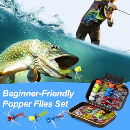 22/30pcs Fly Fishing Popper Flies Kit, Trout Bass Bluegill Panfish Crappie Salmon Sunfish Steelhead Popper Flies for Fly Fishing Fly Popper Lures