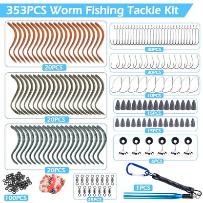 Goture 353PCS Wacky Worm Fishing Lure Kit, Bass Fishing Wacky Rig Tool Kit with Soft Plastics Lures, O-Rings, Offset Worm Hooks, Drop Shot Hooks, Beads, Sinker Weights, 3600 Tackle Box, Gifts of Men - color: A:353pcs Fishing Lures Kit