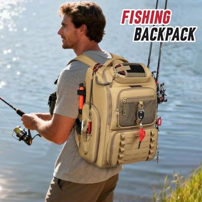 Fishing Tackle Backpack, 40L Tackle Bag with 2 Rod Holders & 4 Tackle Boxes,Water-Resistant Large Storage Fishing Gear and Equipment, Fisher Gifts for Men, Khaki - color: B-Khaki with 4 Tackle Boxes