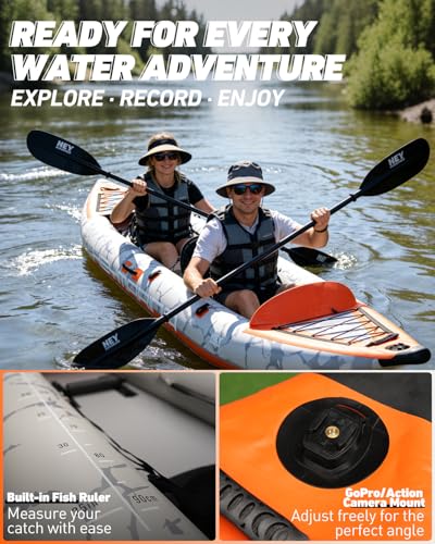 2 Person Inflatable Kayak Tandem Fishing Kayak for Adults, Portable Touring Kayak Canoe with Dual Floats, Drop-Stitch Floor and Fish Measuring Ruler, 12.5 FT - style: Standard