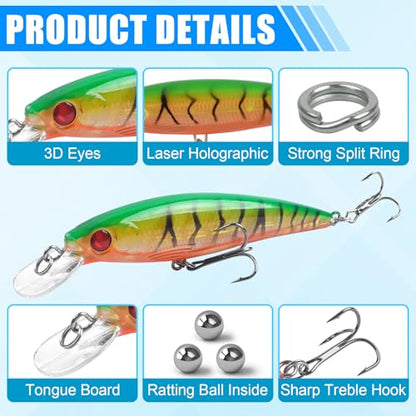 Fishing Lures Kit,10pcs Hard Minnow Baits Crankbaits Deep Diving Jerkbait Swimbait Set with Treble Hooks for Bass Walleye Trout Pike Saltwater Freshwater Surf Fishing Lures