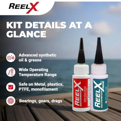 ReelX Fishing Reel Grease, Marine-Grade Anti-Rust Lubricant for Bearings, Spinning, Baitcasting, Spincast, Fly, Trolling & Electric Reels, Corrosion Prevention & Control - size: Oil + Grease 1oz each