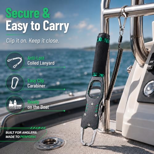 XKCZ 2-in-1 Fish Gripper with Scale, 40lb Fish Lip Gripper, One-Hand Fish Grabber with 360° Swivel, CNC-Machined Aluminum Fishing Gripper Tool with Lanyard for Bass, Saltwater Freshwater Fishing
