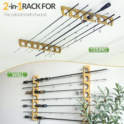THKFISH Wood Fishing Rod Holders for Wall Ceiling, Holds Up to 7-10 fishing Pole Holders for Garage (1 set holds up 7 rods) - style: 1 set holds up 7 rods