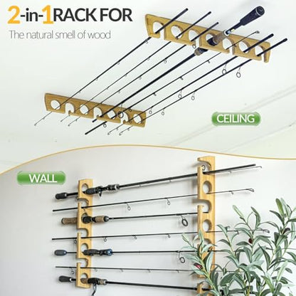 THKFISH Wood Fishing Rod Holders for Wall Ceiling, Holds Up to 7-10 fishing Pole Holders for Garage (1 set holds up 7 rods) - style: 1 set holds up 7 rods