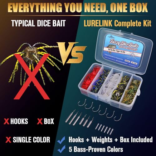 Fuzzy-Dice-Bass-Fishing-Lure-Kit-Soft-Plastic-Cube-Baits with Wacky Hooks & Nail Weights,Drop Shot Weights - Finesse Rig for Smallmouth & Largemouth Bass, FFS Optimized