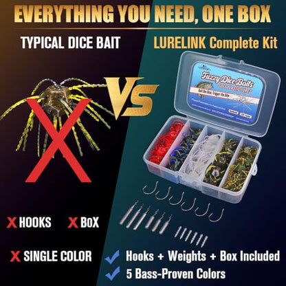 Fuzzy-Dice-Bass-Fishing-Lure-Kit-Soft-Plastic-Cube-Baits with Wacky Hooks & Nail Weights,Drop Shot Weights - Finesse Rig for Smallmouth & Largemouth Bass, FFS Optimized
