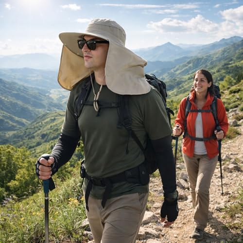 HUAMULAN Men Summer Sun Hat Women Safari Wide Brim Fishing Hats UV Protection Neck Flap Bucket Gardening Hiking Hunting Cap - color: Beige