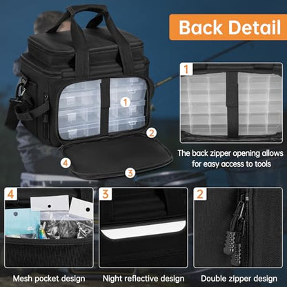 Fishing Tackle Bag - Holds 3400-3600 Size Tackle Boxes -Saltwater & Freshwater Fishing Bags - Padded Shoulder Strap Fishing Bags (Black) (Bag Only) - color: Black, style: Bag Only
