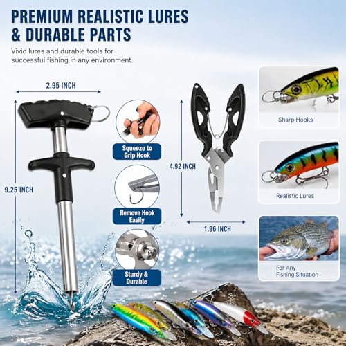 4 Layers Fishing Tackle Box with 547Pcs Fishing Lures Kit | Small Tool Set Included, Gripper, Hook Remover, Accessories, Perfect for Beginners