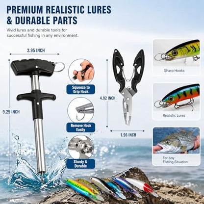 4 Layers Fishing Tackle Box with 547Pcs Fishing Lures Kit | Small Tool Set Included, Gripper, Hook Remover, Accessories, Perfect for Beginners