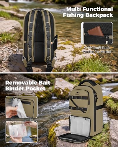 MATEIN Fishing Sling Bag with Phone Pouch, 3600 Tackle Box Backpack | Tackle Bag with Removable Bait Binder, Fishing Bag with Lure Rod Holder, Cooler Compartment, Waterproof, Women Fishing Gifts - color: Khaki & Black