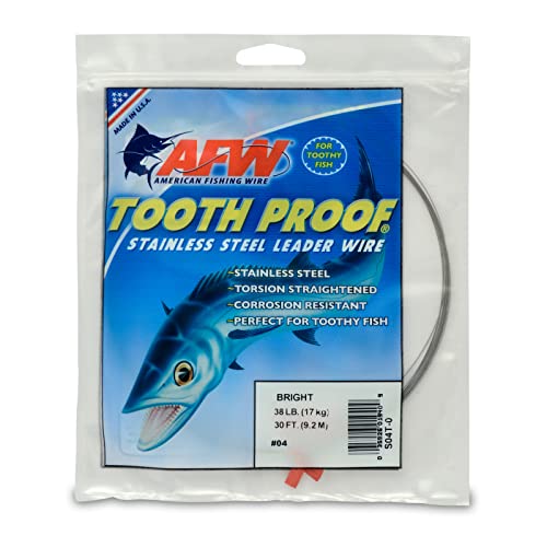 AFW Tooth Proof Stainless Steel Single Strand Hard Leader Wire - Bright and Camo for Shark, Barracuda, King Mackerel, Wahoo, Snook Bite Protection for Toothy Critters, Rigging Baits and Lures - color: Bright, style: #4, 38 Lb Test, 30 Ft