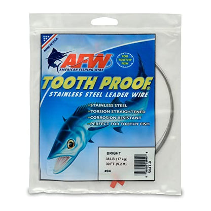 AFW Tooth Proof Stainless Steel Single Strand Hard Leader Wire - Bright and Camo for Shark, Barracuda, King Mackerel, Wahoo, Snook Bite Protection for Toothy Critters, Rigging Baits and Lures - color: Bright, style: #4, 38 Lb Test, 30 Ft